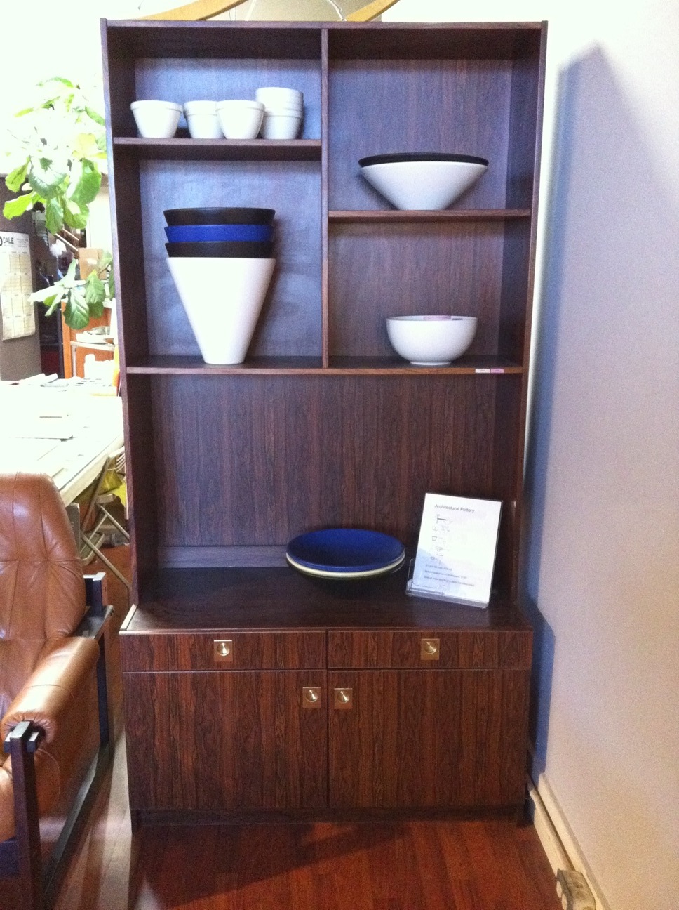 Rosewood storage unit made in Denmark by Mobler.  41 inches wide, 19 inches deep, 79.5 inches high.  SALE $895.  SKU# F0028