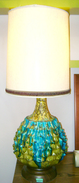 two funky 60's oversized green and turquoise ceramic lamps.  Base is 13 inches in diameter, height is 40 inches to the top of the shade.  $550 ea

SKU# L0021, L0022