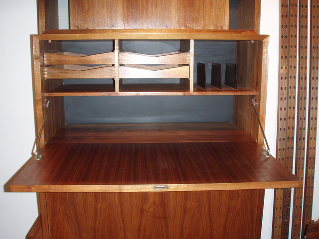 cabinet 2. interior, has organized shelf system inside!
Cabinet 2 with dropleaf door/desk extended, measures 29"D